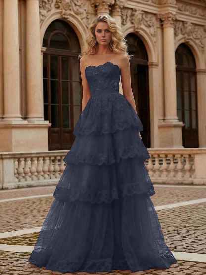 Red Tiered Tulle Strapless Lace Bodice A-Line Long Prom Dress