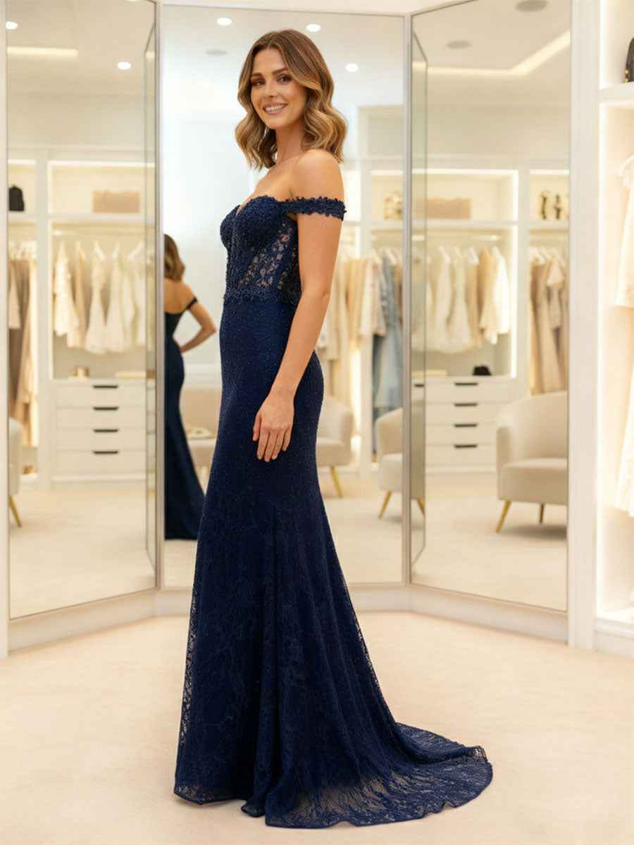 Navy Blue Lace Off-the-Shoulder Mermaid Prom Dress with Sheer Corset Plunge