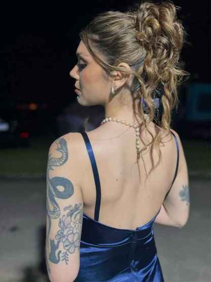 Navy Blue Ruched Satin Spaghetti Strap Long Prom Dress