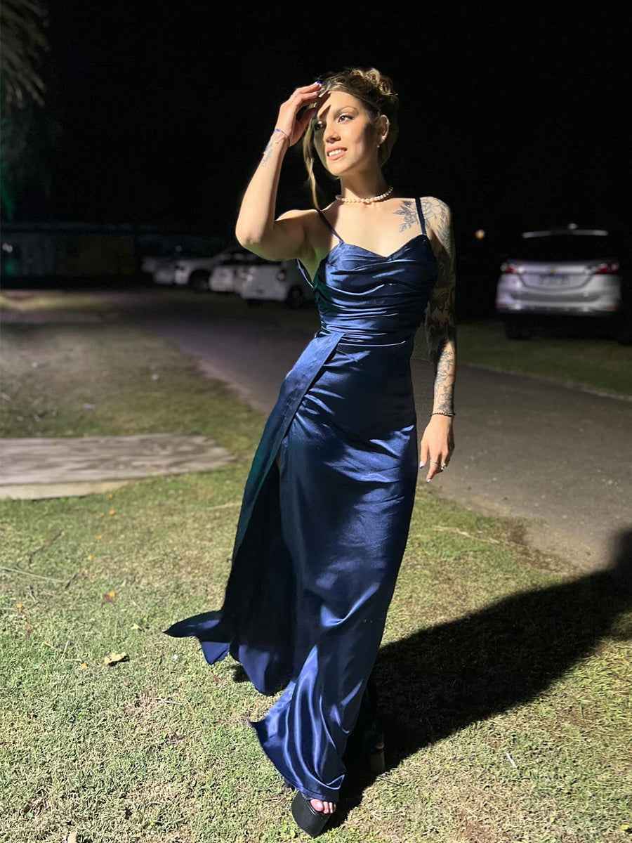 Navy Blue Ruched Satin Spaghetti Strap Long Prom Dress