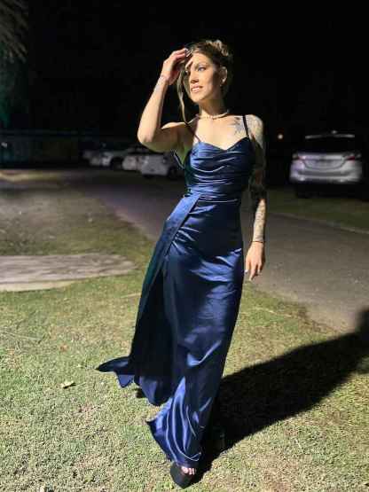 Navy Blue Ruched Satin Spaghetti Strap Long Prom Dress