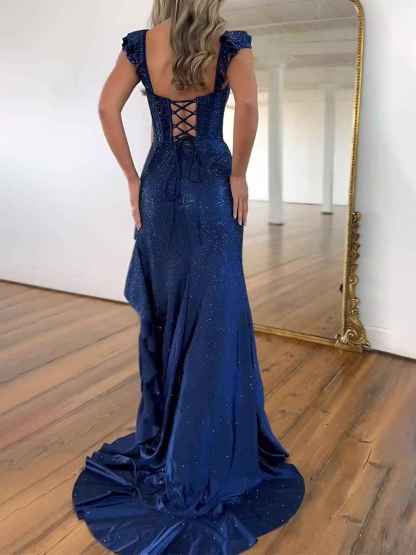 Navy Blue Shimmer Ruffle Long Corset Prom Dress with Slit