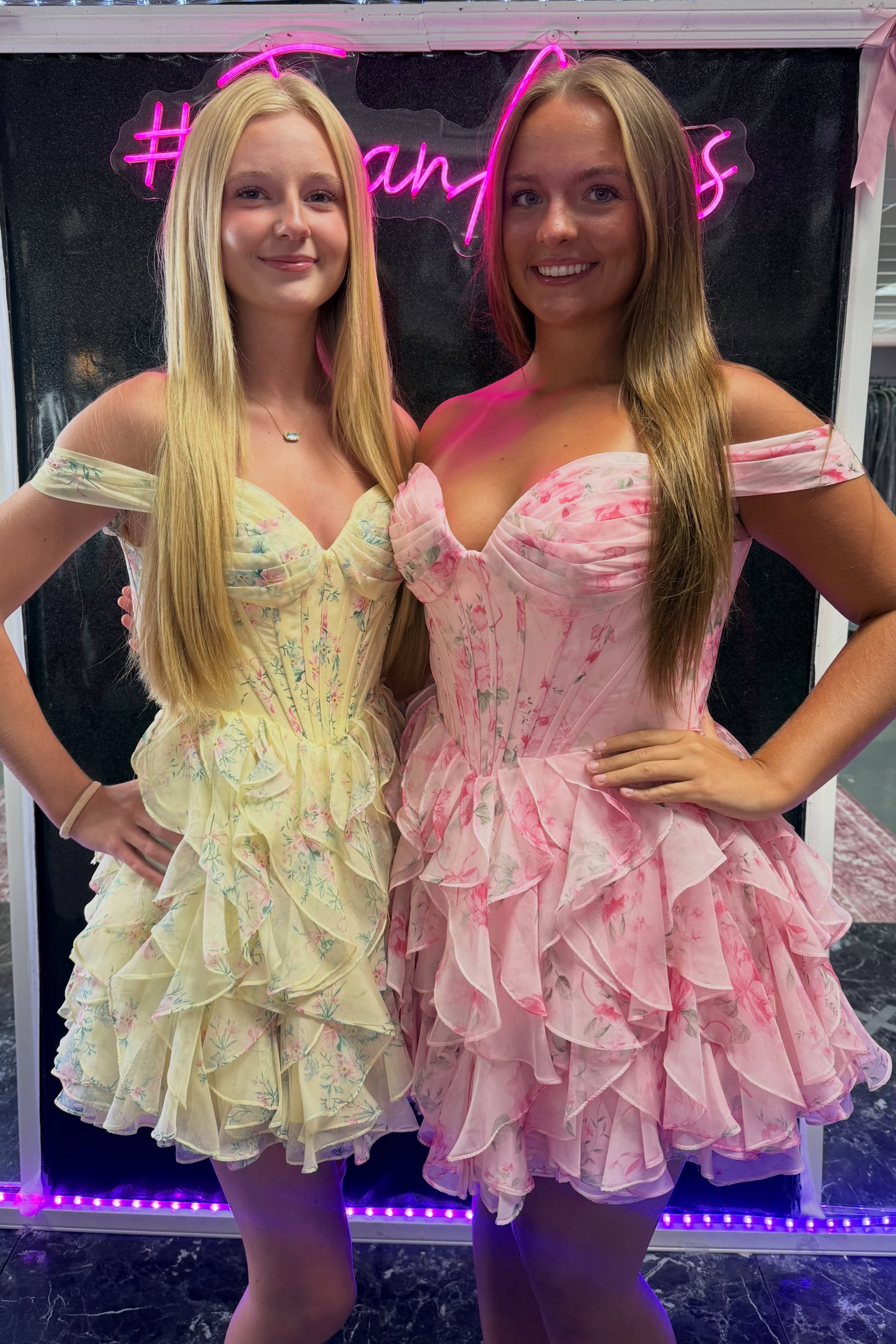 Off Shoulder Sweetheart Floral Corset Homecoming Dress Tiered Ruffle Chiffon Mini