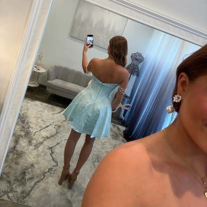 Off Shoulder Sweetheart Ruched Corset Homecoming Dress Pearl Chain Straps Pearl Beaded A-Line Mini