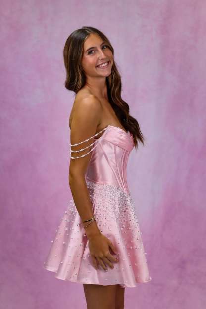 Off Shoulder Sweetheart Ruched Corset Homecoming Dress Pearl Chain Straps Pearl Beaded A-Line Mini