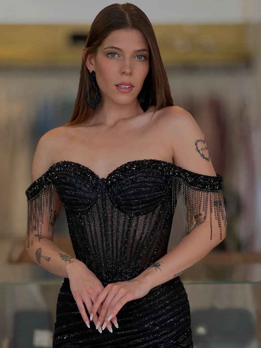 Off-the-Shoulder Beaded Tulle Long Prom Dress with Swirling Sequins