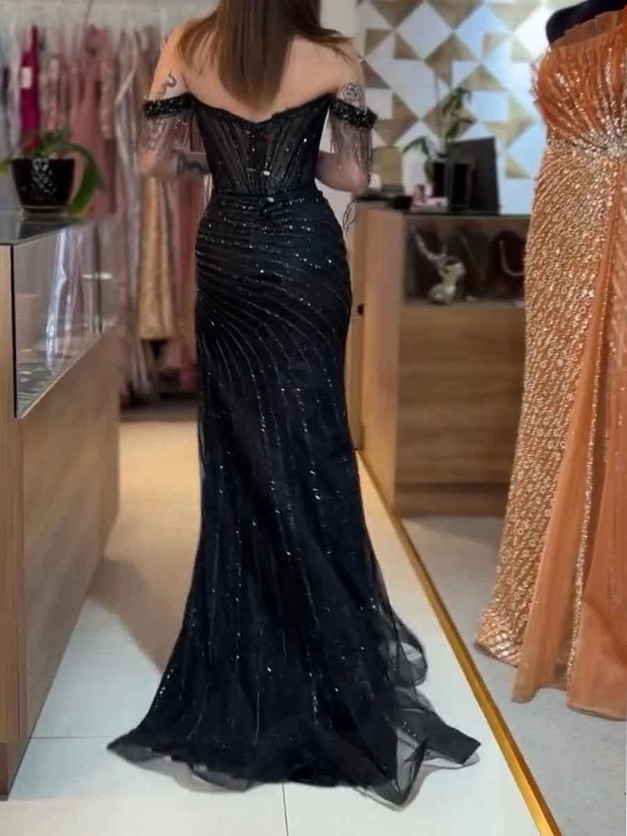 Off-the-Shoulder Beaded Tulle Long Prom Dress with Swirling Sequins