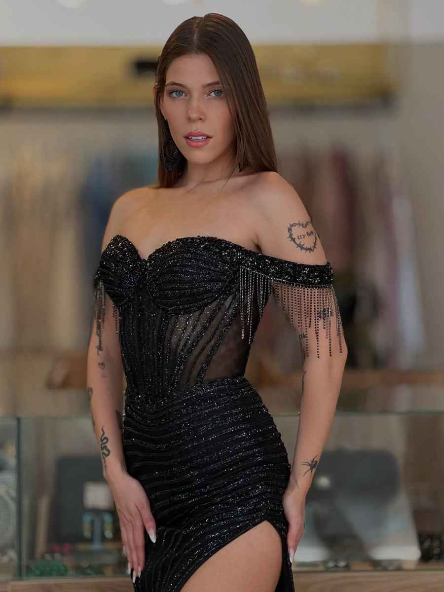 Off-the-Shoulder Beaded Tulle Long Prom Dress with Swirling Sequins