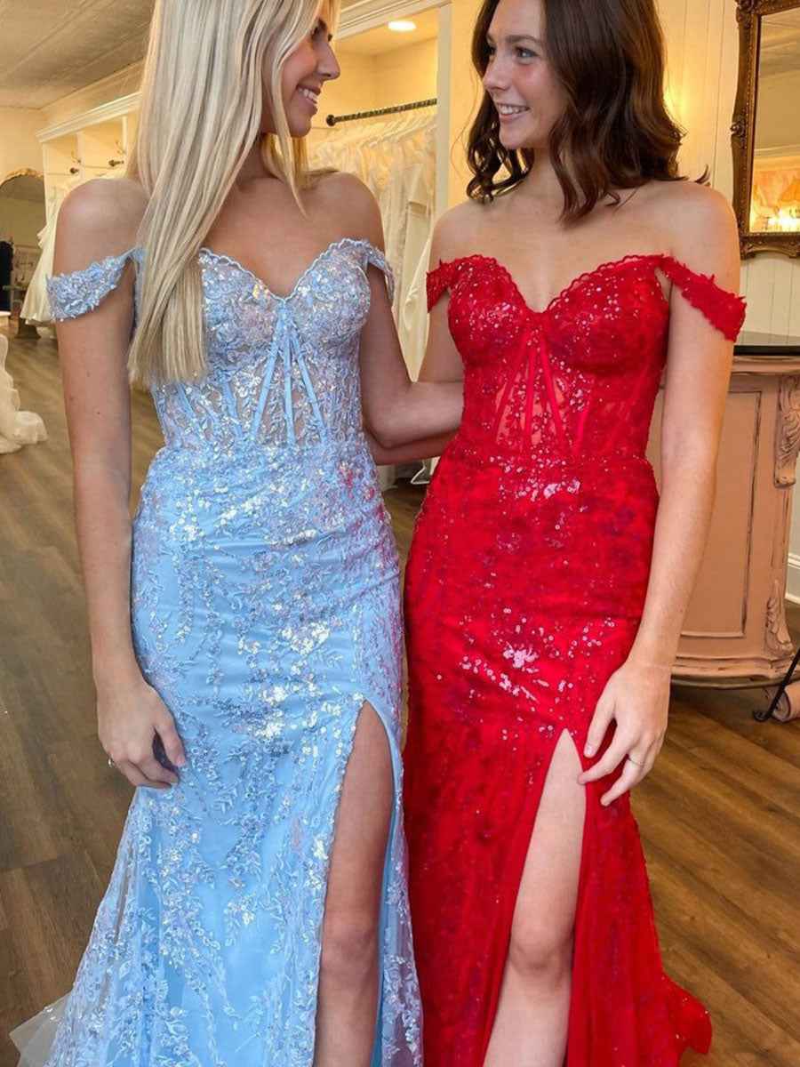 Off-the-Shoulder Sequin Lace Mermaid Long Porm Dress with Slit