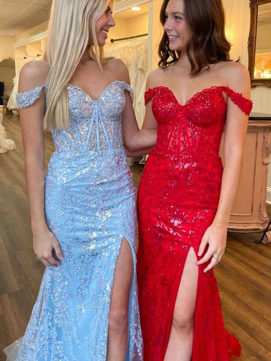 Off-the-Shoulder Sequin Lace Mermaid Long Porm Dress with Slit