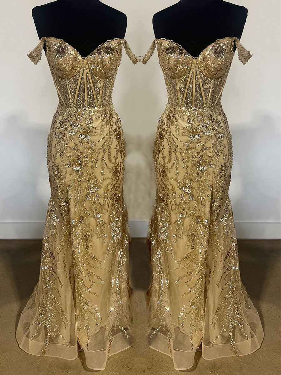 Off-the-Shoulder Sequin Lace Mermaid Long Porm Dress with Slit
