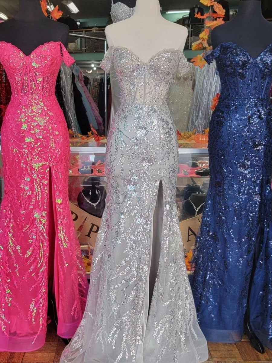 Off-the-Shoulder Sequin Lace Mermaid Long Porm Dress with Slit