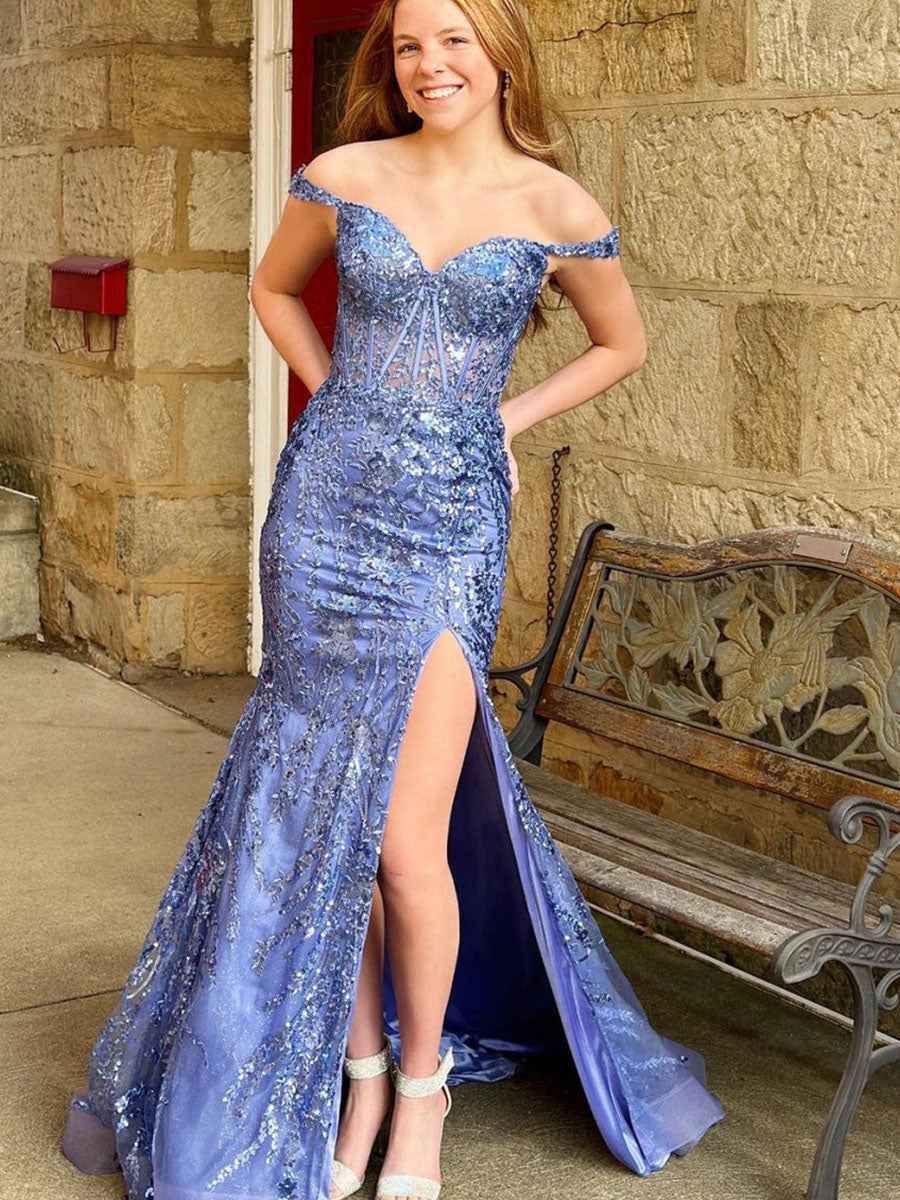 Off-the-Shoulder Sequin Lace Mermaid Long Porm Dress with Slit