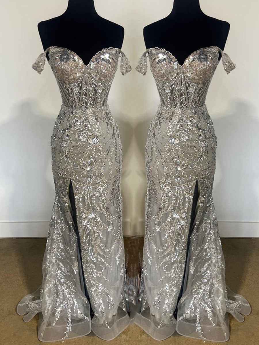 Off-the-Shoulder Sequin Lace Mermaid Long Porm Dress with Slit
