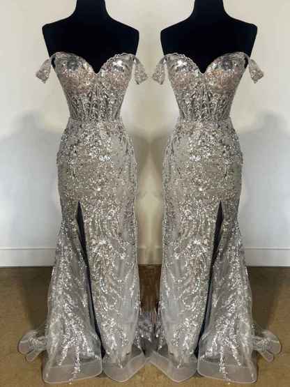Off-the-Shoulder Sequin Lace Mermaid Long Porm Dress with Slit