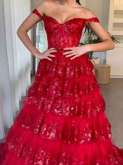 Off the Shoulder Tiered Lace Long Prom Dress
