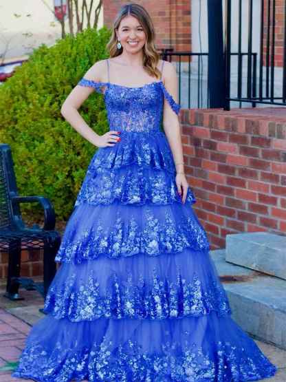 Off the Shoulder Tiered Lace Long Prom Dress