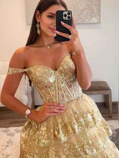 Off the Shoulder Tiered Lace Long Prom Dress