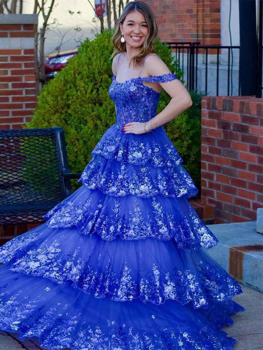 Off the Shoulder Tiered Lace Long Prom Dress