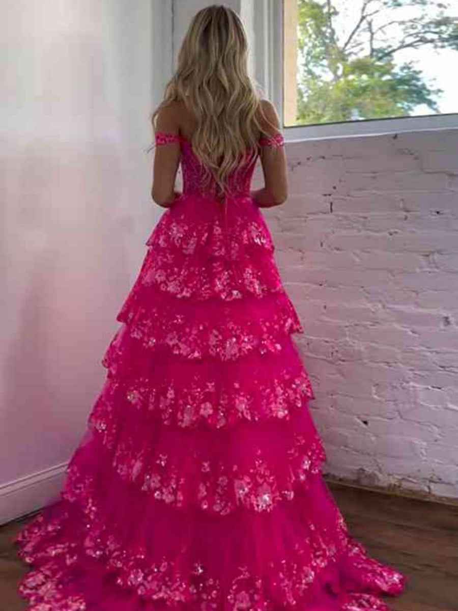 Off the Shoulder Tiered Lace Long Prom Dress