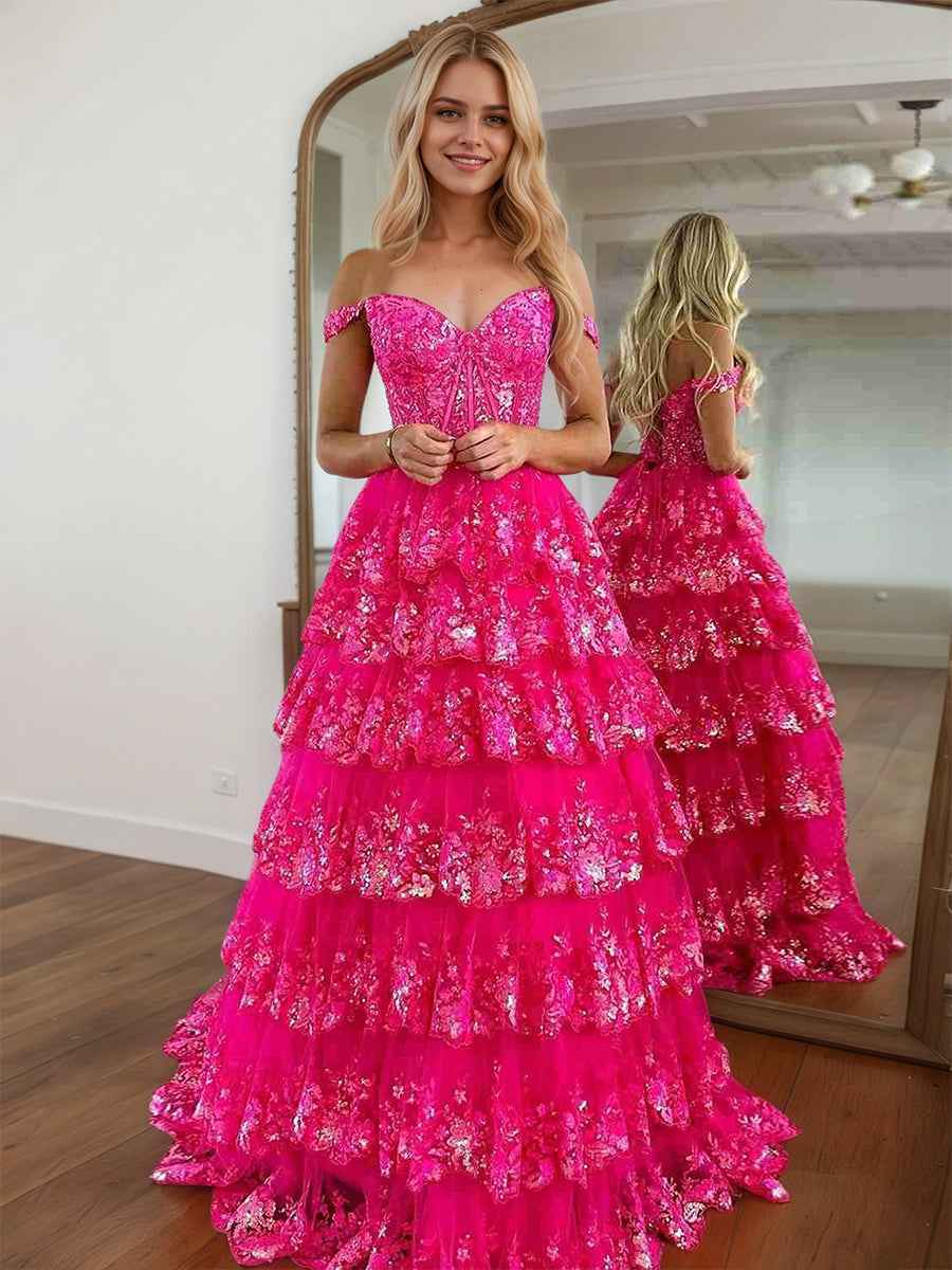 Off the Shoulder Tiered Lace Long Prom Dress