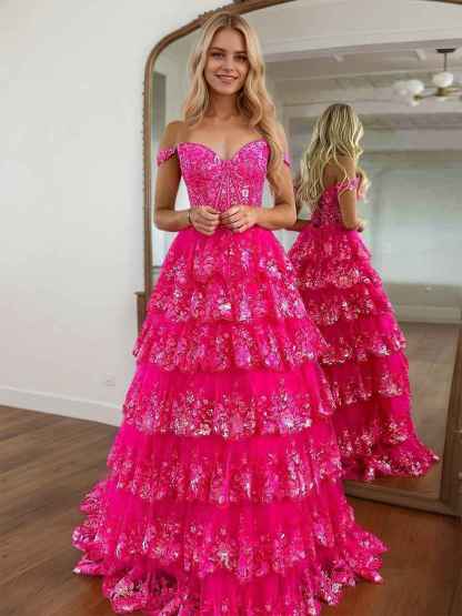 Off the Shoulder Tiered Lace Long Prom Dress