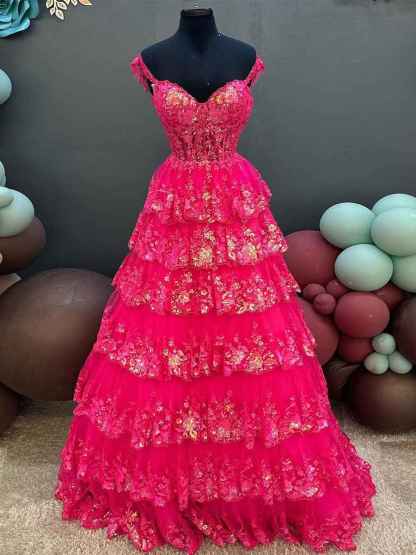 Off the Shoulder Tiered Lace Long Prom Dress