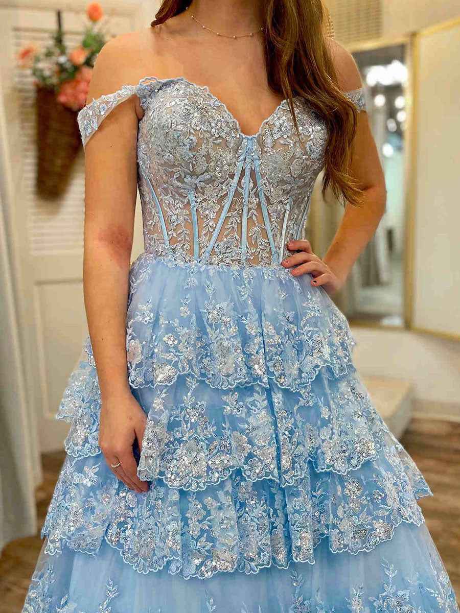 Off the Shoulder Tiered Lace Long Prom Dress