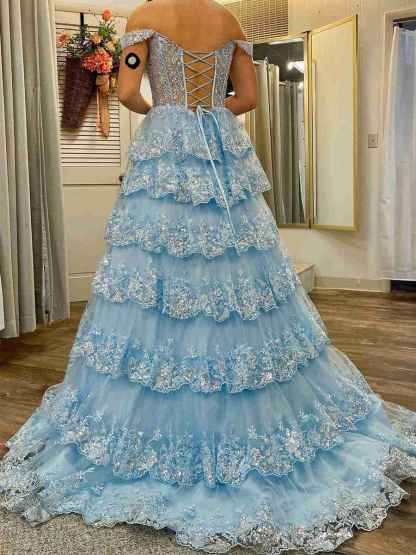 Off the Shoulder Tiered Lace Long Prom Dress