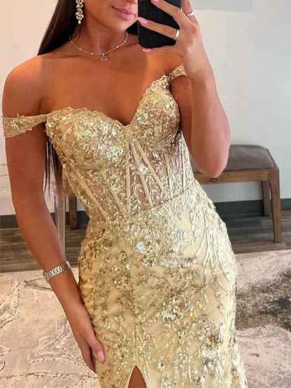 Off-the-Shoulder Sequin Lace Mermaid Long Porm Dress with Slit