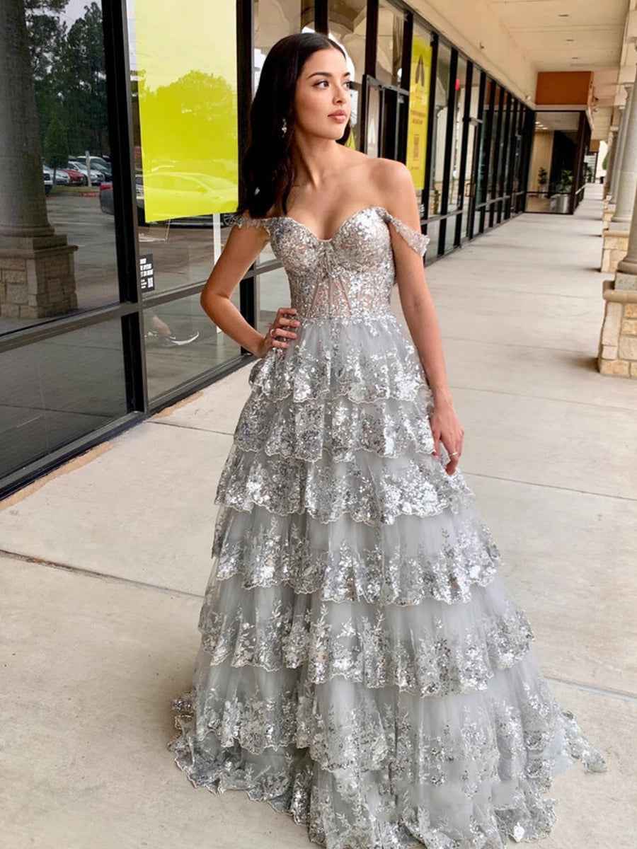 Off the Shoulder Tiered Lace Long Prom Dress