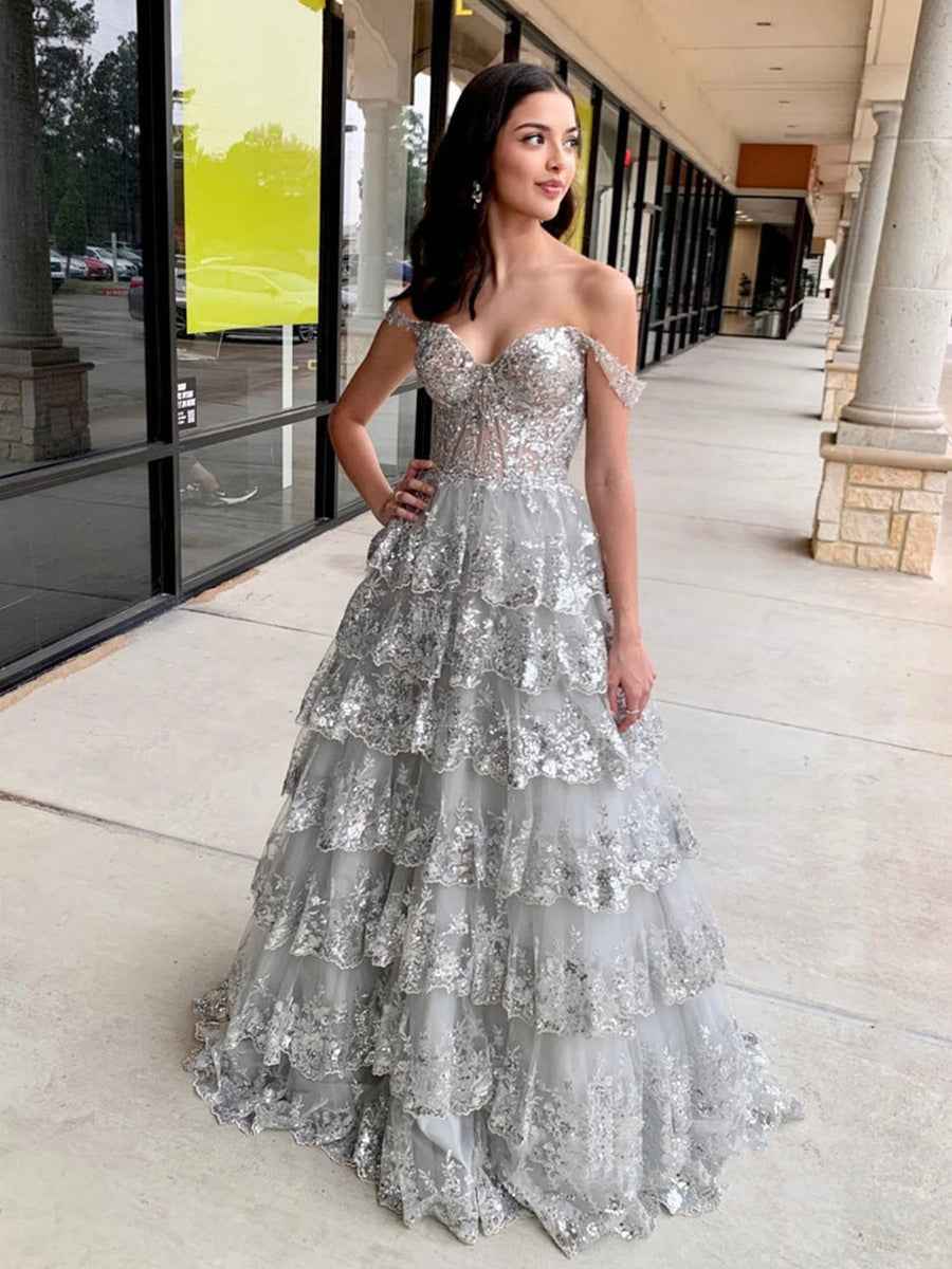 Off the Shoulder Tiered Lace Long Prom Dress