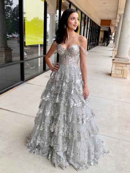 Off the Shoulder Tiered Lace Long Prom Dress