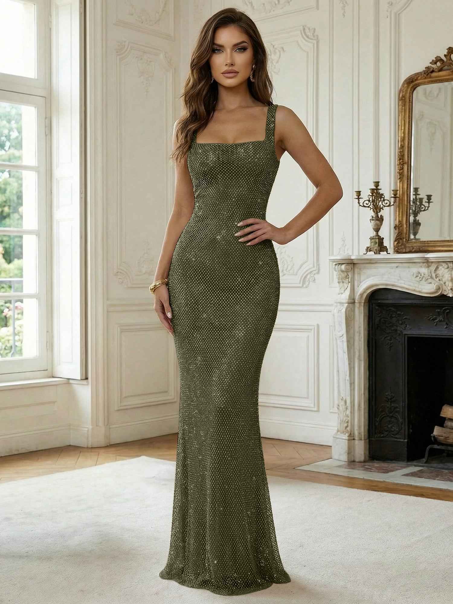 Crystal-Embellished Mermaid Long Prom Dress with Square Neckline