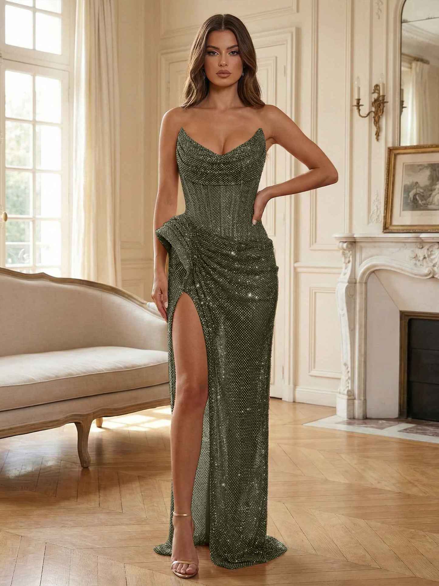 Champagne Gold Crystal-Embellished Corset Long Prom Dress with Slit