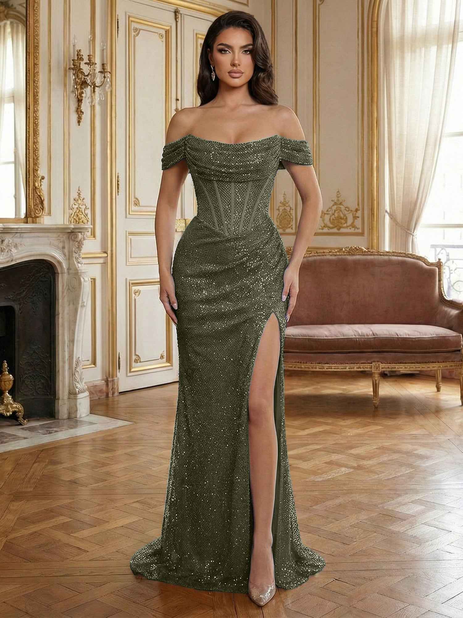 Sequin Off-the-Shoulder Corset Bodice Long Prom Dress with Slit