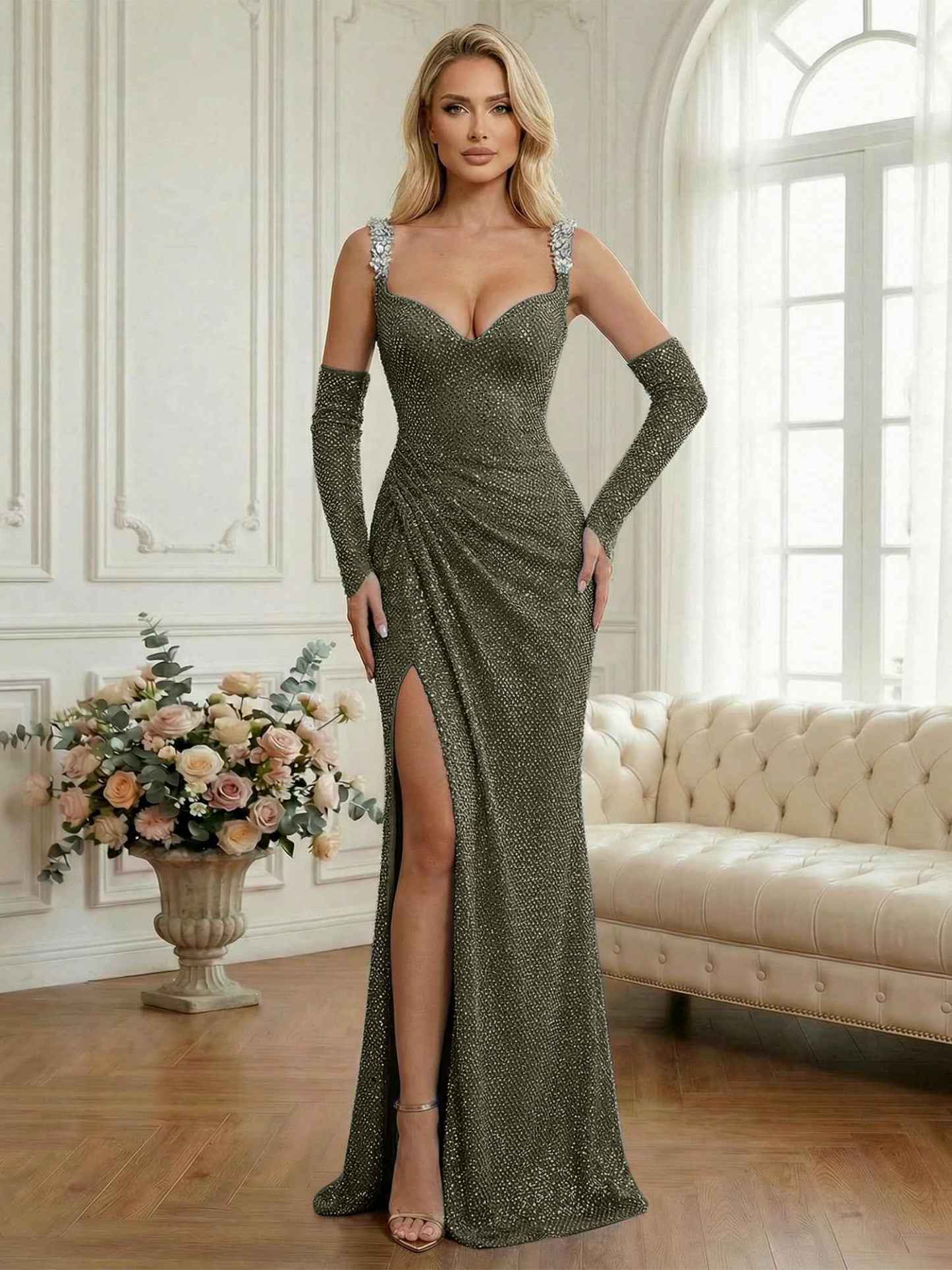 Light Blue Sequin Mermaid Matching Opera Gloves Long Prom Dress with Slit