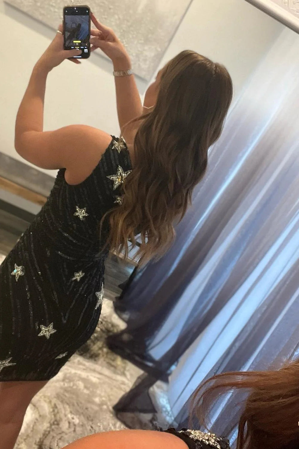 One Shoulder Black Sequins Short Homecoming Dress with Star