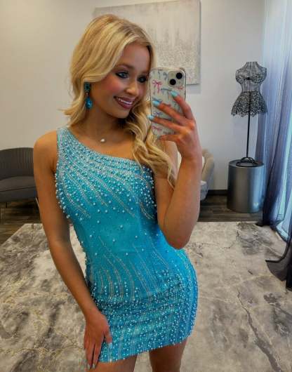 One Shoulder Pearl Beaded Homecoming Dress Rhinestone Bodycon Mini Wave Pattern