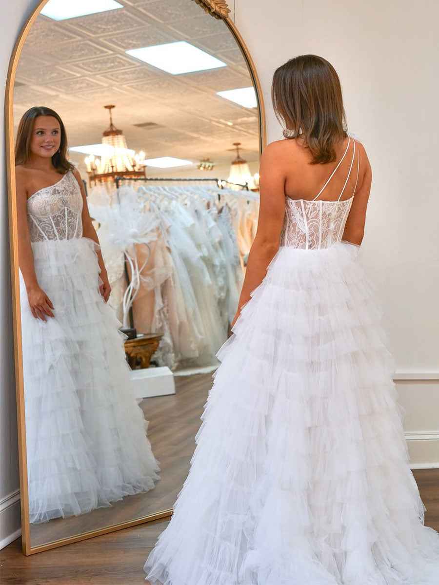 One-Shoulder Sheer Lace Corset Tiered Tulle Prom Dress