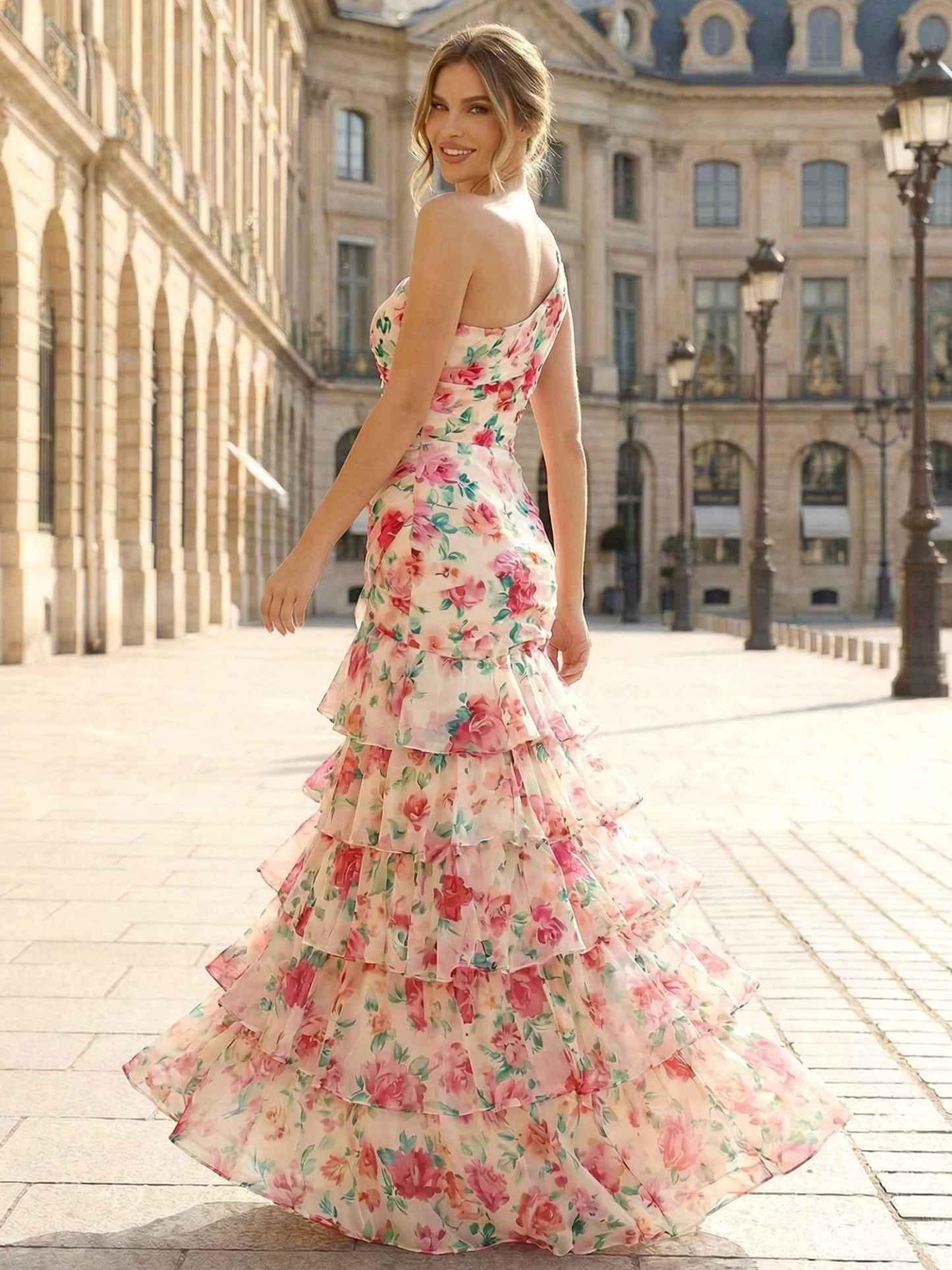 One-Shoulder Floral Tiered Ruffle Long Prom Dress