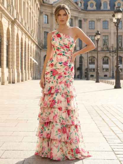 One-Shoulder Floral Tiered Ruffle Long Prom Dress