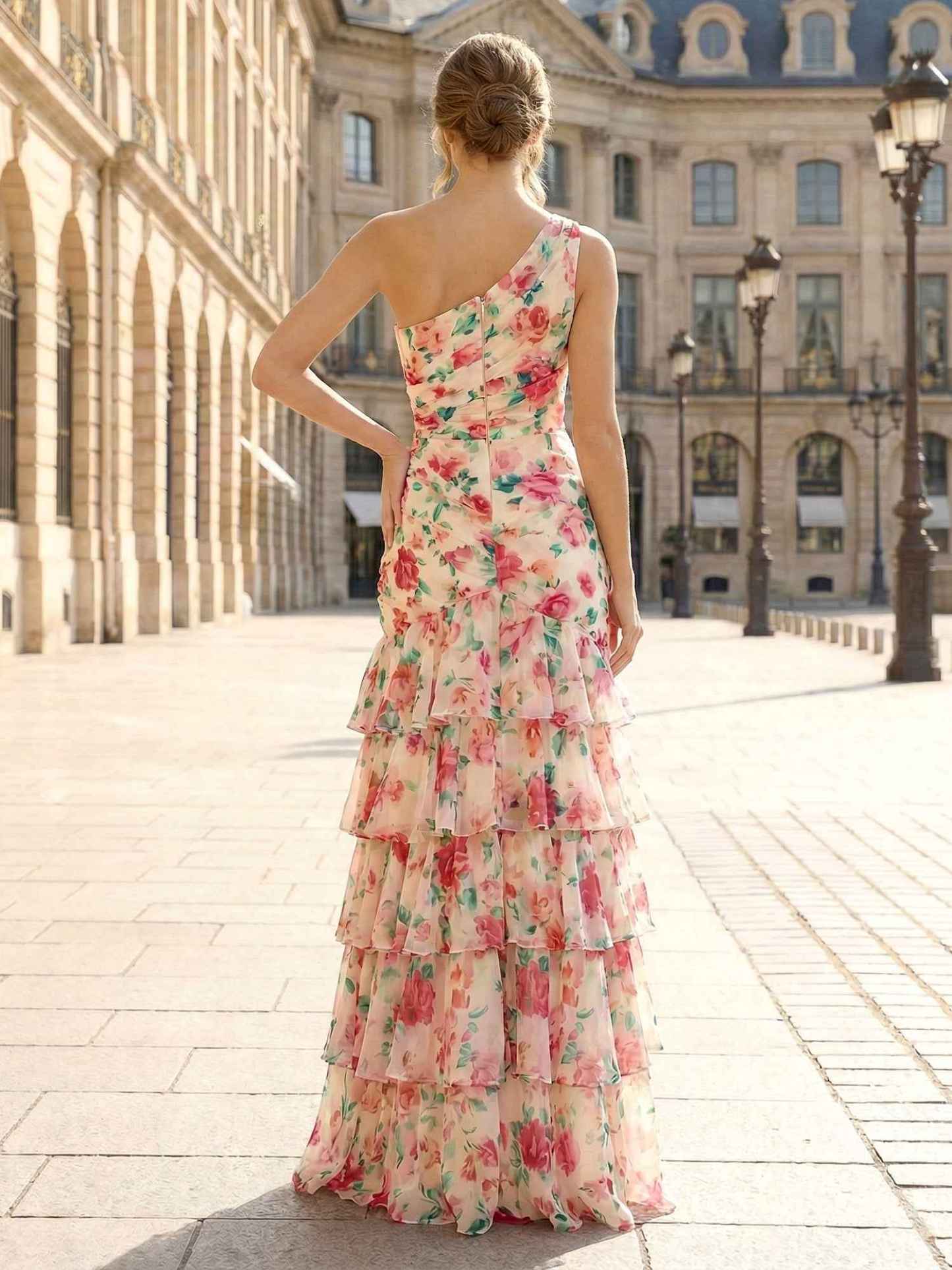 One-Shoulder Floral Tiered Ruffle Long Prom Dress