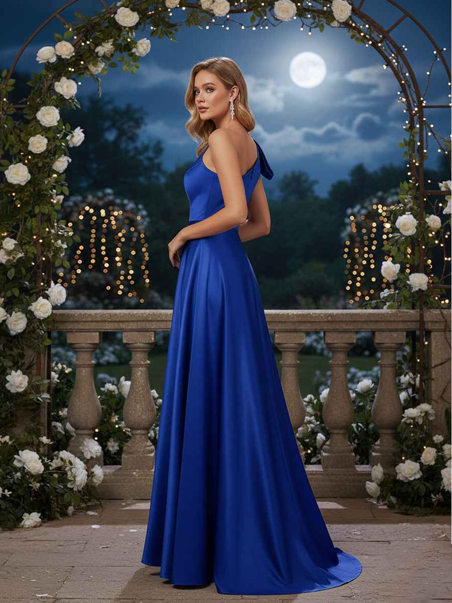 One-Shoulder Long Satin Formal Dress with Slit