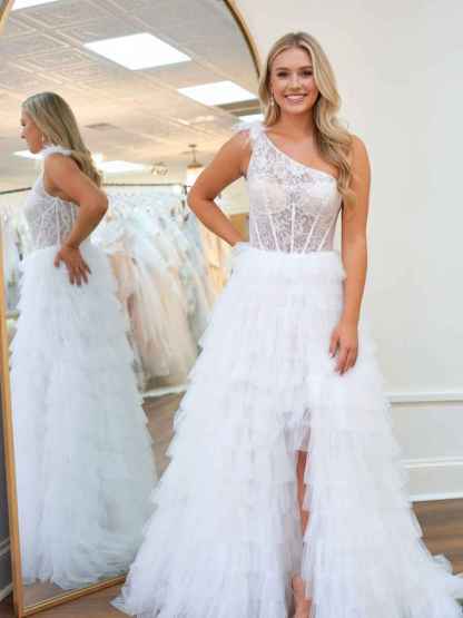 One-Shoulder Sheer Lace Corset Tiered Tulle Prom Dress