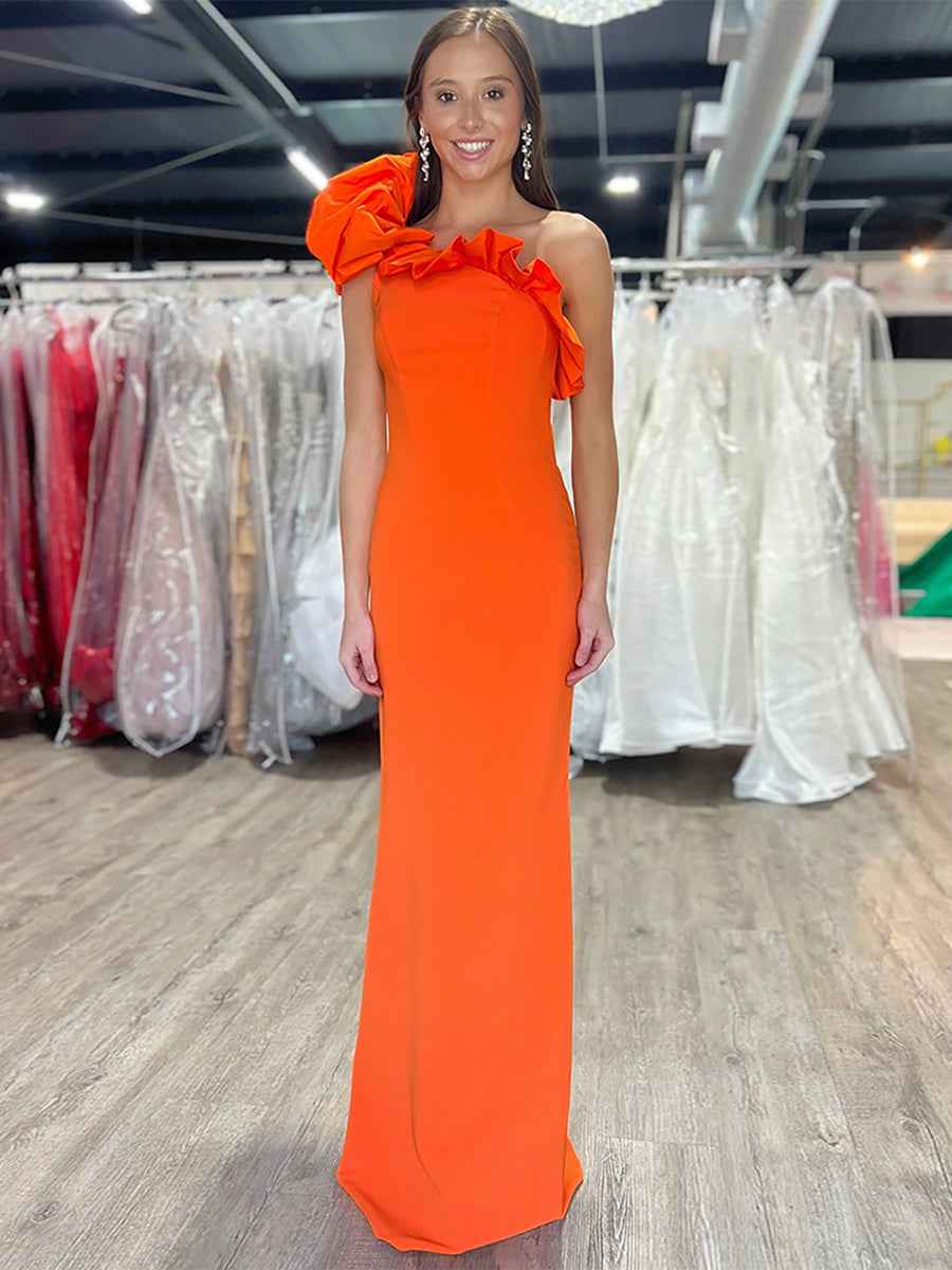 One Shoulder Mermaid Ruffled Satin Long Prom Dress