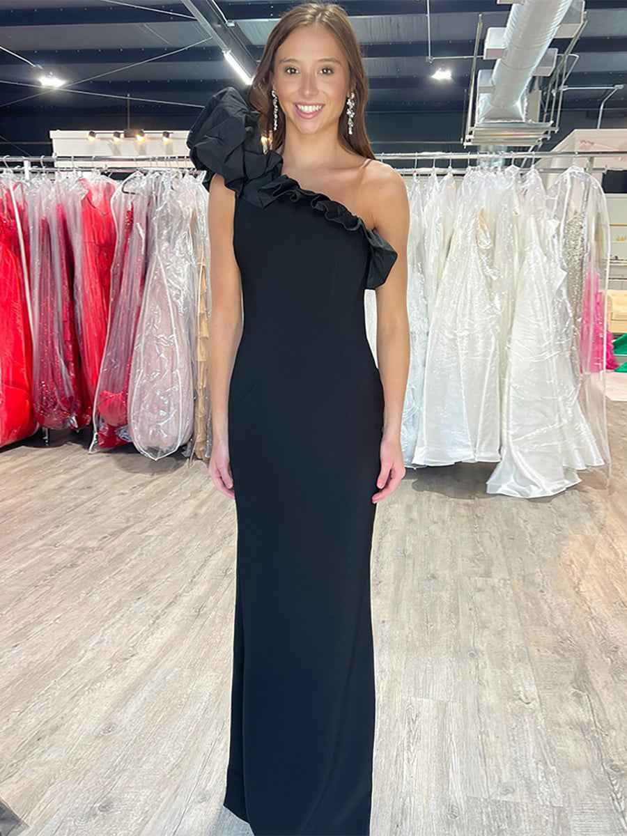 One Shoulder Mermaid Ruffled Satin Long Prom Dress