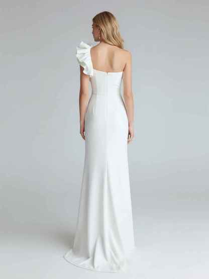 One Shoulder Satin Long Prom Dress with Ruffles