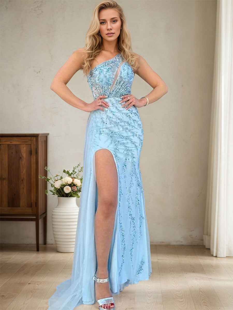 One Shoulder Tulle Tight Mermaid Prom Dress with Slit