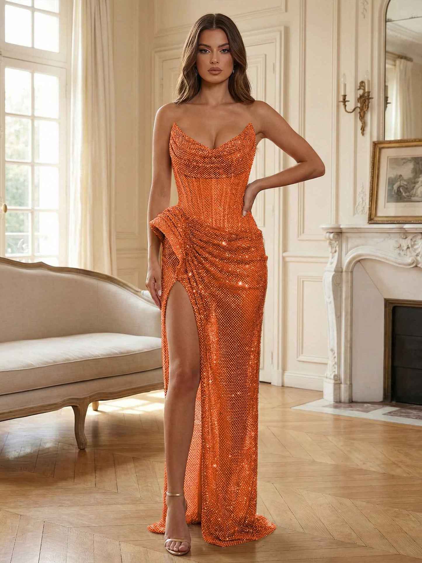 Champagne Gold Crystal-Embellished Corset Long Prom Dress with Slit